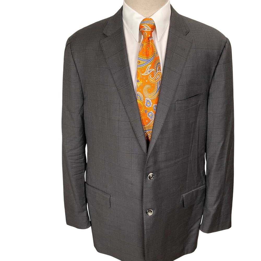Hickey Freeman Blazer Mens 46L Charcoal Windowpane Loro Piana Super 170s Wool